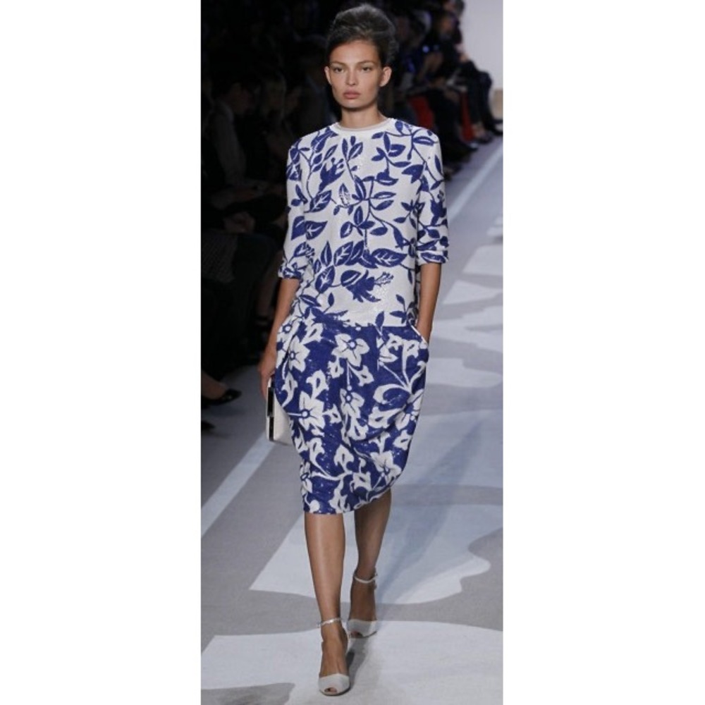 Diane Von Furstenberg Floral Sequin Drape Skirt In White & Blue Size 10 - Picture 14 of 14